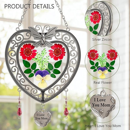 KY&BOSAM Heart Suncatcher-Stained Glass Panles I Love You Mom Sun catchers Hangings for Windows Wind Chime Ornament Mom Gifts - Gifts for Mother`s Day Valentine`s Day Birthday Christmas