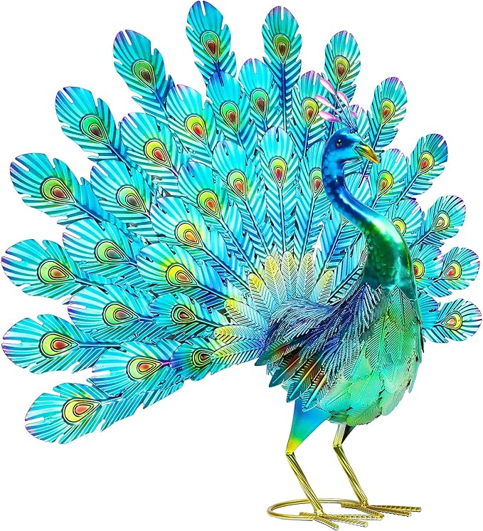 27.5in Tall Metal Peacock Garden Statue - Handmade, 3D Textured, Tail Spread Sculptures for Patio, Garden or Entryway.