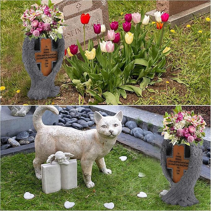 Grave Decorations for Cemetery，Heaven Angel Wing Cross, Graveyard Decoration, Vase with Solar LED Lamp, Resin Decorated Bereavement Statue, Gift in Memory of Relatives (Gray)