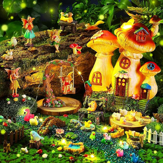 HyDren 100 Pcs Fairy House Garden Kit Accessories Miniatures Fairy Figures Gnomes Mushroom House Solar Light Resin Dwarfs Statue Micro Landscape Ornaments for DIY Yard Outdoor Dollhouse Decoration
