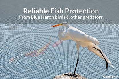 AlpineReach Koi Pond Netting Kit 40 x 40 ft Black Heavy Duty Woven Fine Mesh Net Cover for Leaves - Protects Koi Fish from Blue Heron Birds, Cats & Predators – Reusable & Stakes Included