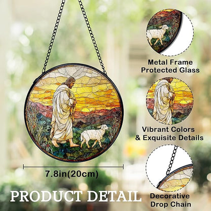 Christian Gifts for Women, Easter Jesus and Lamb Christian Suncatchers Stained Glass Window Hanging, Jesus Religious Sun Catchers Indoor Window Glass Round Wall Decor, 7.9x7.9in