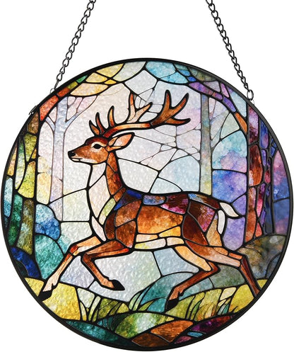 Stained Glass Window Hanging, Deer Circular Painted Glass Suncatcher with Chain & Suction Cup for Home Garden Door Decor, Birthday for Women Men Mom 7.8 in