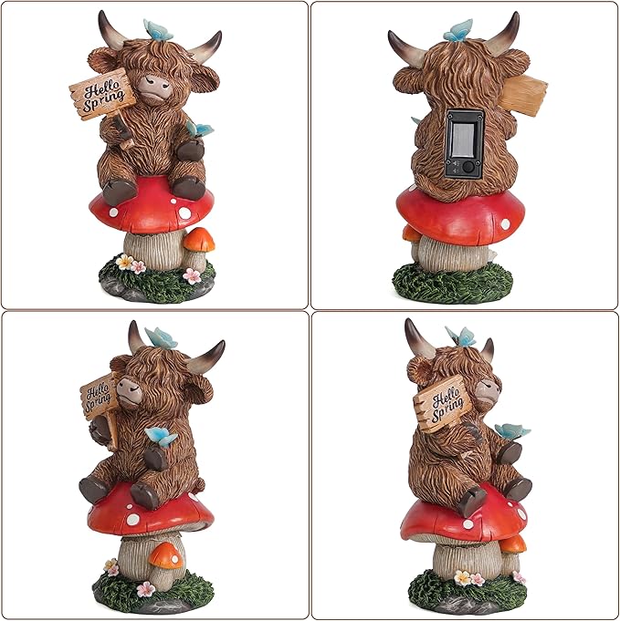 Smadeer Highland Cow Garden Statue with Solar Butterfly Lights, Spring Outdoor Highland Cow on Mushroom Butterfly Decoration for Yard, Patio, Lawn, Cows Figurine Housewarming Gift for Women, Mom