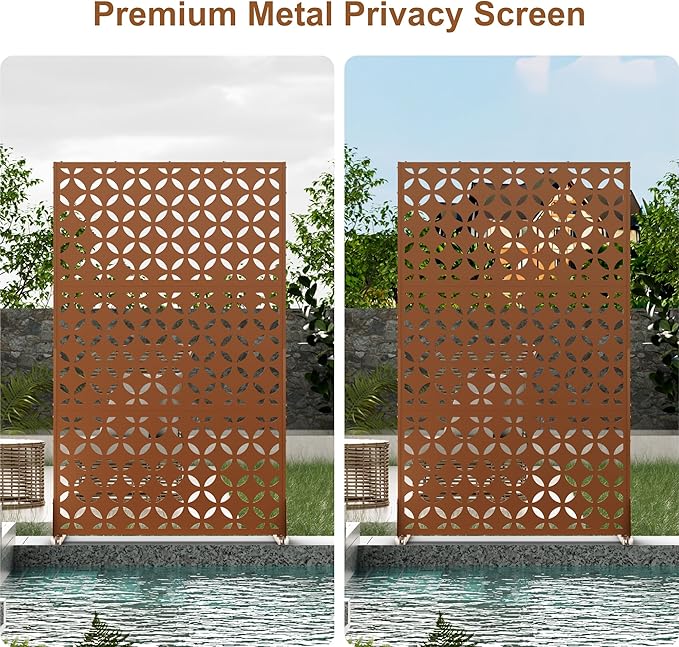 Metal Privacy Screen 72" H x 44" W, Outdoor Freestanding Privacy Screens, Patio Metal Fence Panels with Stand, Brown Screens for Outside Deck Balcony Garden and Indoor