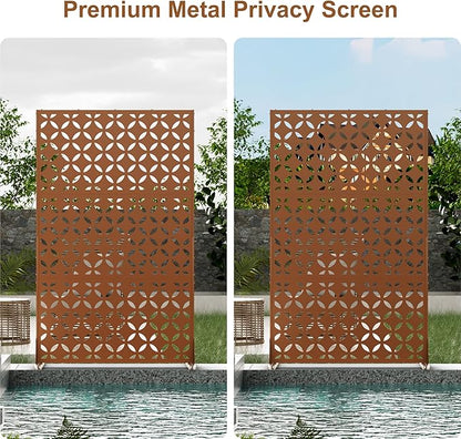 Metal Privacy Screen 72" H x 44" W, Outdoor Freestanding Privacy Screens, Patio Metal Fence Panels with Stand, Brown Screens for Outside Deck Balcony Garden and Indoor