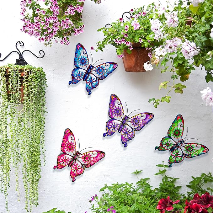 Pipilily 4 Pieces Metal Butterfly Wall Art Decor, Outdoor Indoor Fence Metal Wall Sculptures, Hanging Decoration for Garden Yard Living Room Bedroom Patio Balcony (Color Set 2)