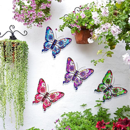 Pipilily 4 Pieces Metal Butterfly Wall Art Decor, Outdoor Indoor Fence Metal Wall Sculptures, Hanging Decoration for Garden Yard Living Room Bedroom Patio Balcony (Color Set 2)