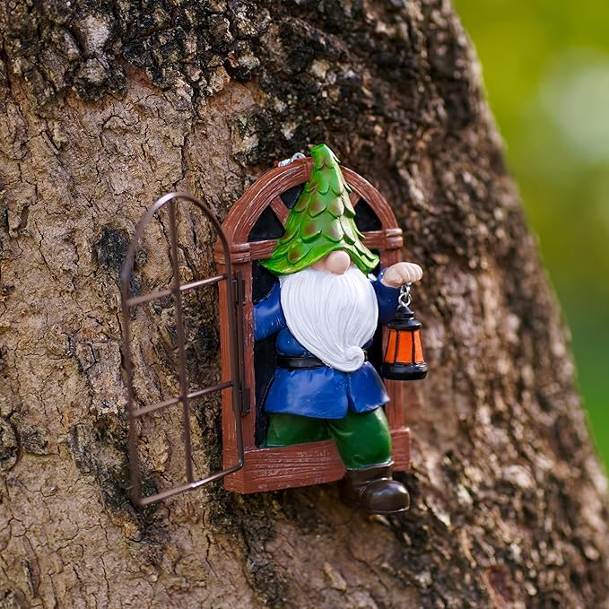 Mini Garden Gnomes Elf Out The Door Tree Hugger 5.6" Garden Statue Hanging Garden Gnomes Outdoor Decorations Tree Faces Decor Outdoor for Fairy Garden Patio Lawn Porch (Blue Green)