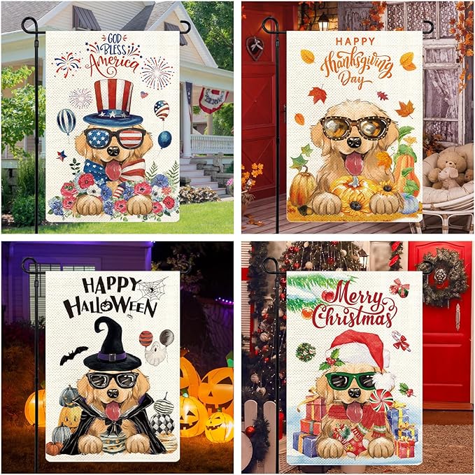 Golden Retriever Seasonal Garden Flags Set of 12, Welcome Seasonal Garden Flags 12x18 Double Sided, Dogs Yard Flags for All Holidays, Fall Winter Halloween Christmas Flag for Outdoor Farmhouse Decor