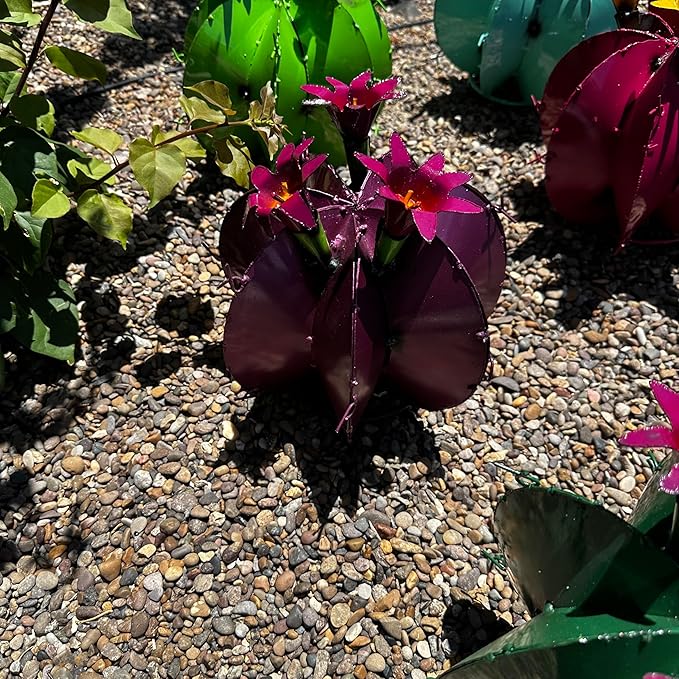 Handmade Metal Bisnaga Cactus with Flowers - Garden Art Decor (Purple)