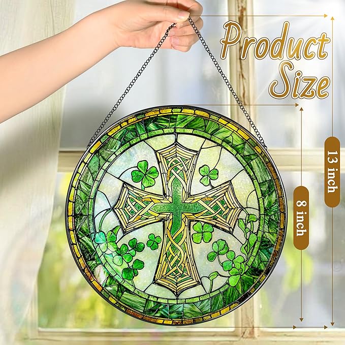 8'' St. Patrick's Day Cross Stained Glass Suncatcher Ornament, Stained Glass Window Hanging, Irish Decor, Patrick Day Decor, Irish Shamrock Gift, Cross Gifts, Religious Gifts, Christian Gift