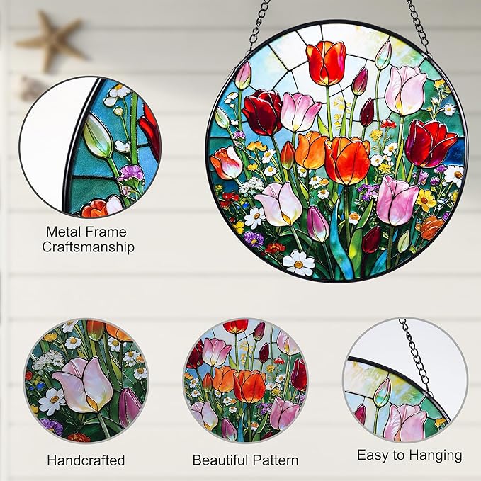 Stained Glass Window Hanging, Colorful Tulips Suncatcher 7.8 in Sun Catcher Glass Panel Boho Wall Art Decor with Chain Diamond Glass Panel Hangings Scenery Sun Catchers Decor for Lover Couple Mom