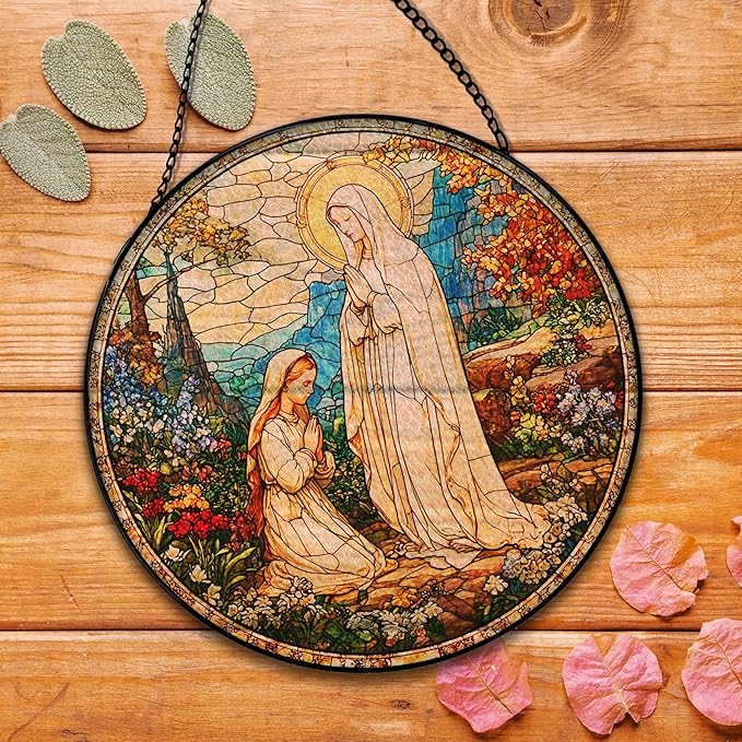 Virgin Mary Religious Suncatcher Garden Stained Glass Window Hanging, Our Lady of Grace Sun Catchers Indoor Window Glass Round Wall Decor, Religious Wall Art Hanging Decorations, ＂7.8x7.8＂