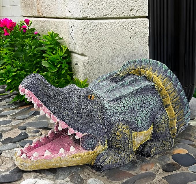 Teaeeno Alligator Decor Statue Gutter Downspout Extension Decorative,Crocodile Gutter Animal Statue Outdoor Decor,3"×4" Rain Gutter Downspout Splash Block,Garden Splash Block Outdoor Sculpture (Green)