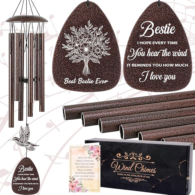 Bestie Gifts for Women - Metal Hummingbird Wind Chimes with Greeting Card Home Art Hanging Decor Outdoors Garden Patio Yard Porch Balcony Decorations Birthday Friendship Gift for Friends