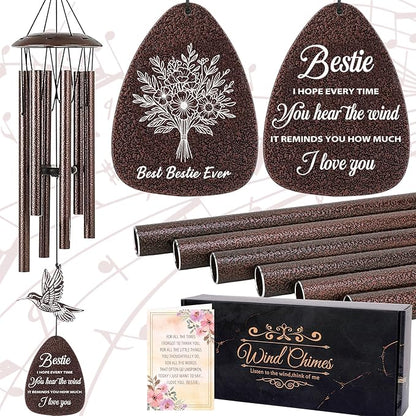 Bestie Gifts for Women - Metal Hummingbird Wind Chimes with Greeting Card Home Art Hanging Decor Outdoors Garden Patio Yard Porch Balcony Decorations Birthday Friendship Gift for Friends