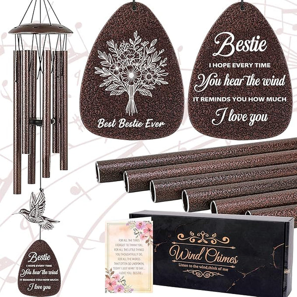 Bestie Gifts for Women - Metal Hummingbird Wind Chimes with Greeting Card Home Art Hanging Decor Outdoors Garden Patio Yard Porch Balcony Decorations Birthday Friendship Gift for Friends
