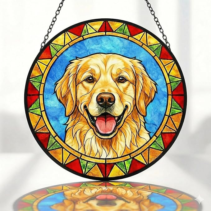 Stained Glass Dog Memorial Suncatcher,Golden Retriever Window Hanging,Sympathy Gifts for Pet Loss,7.9 inch/20 cm Home and Garden Decor for Dog Lovers