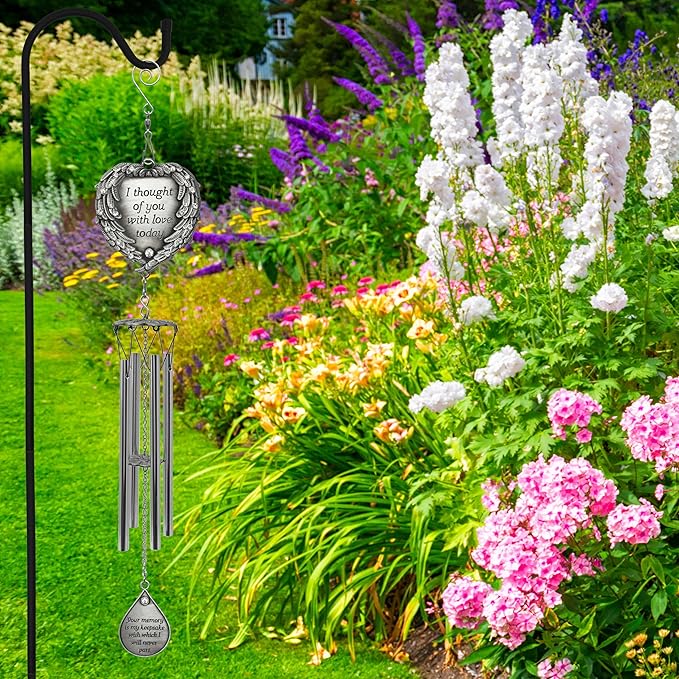 Memorial Wind Chimes Outdoor – Sympathy Gift Loss of Loved One – I Thought of You with Love Today Poem – Angel Wings Heart Teardrop Charm – in Loving Memory Wind Chime 23 Inch