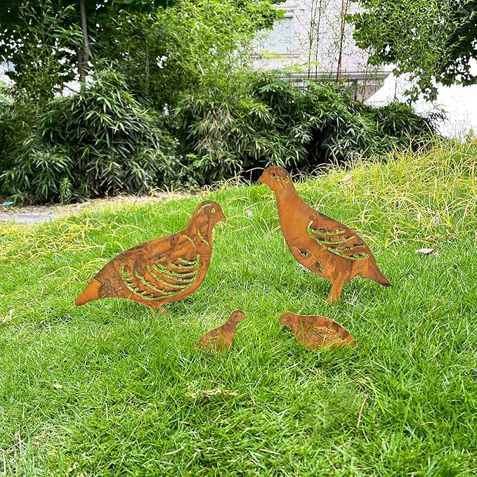 4PCS Rusty Partridge Family Decorative Garden Stakes, Metal Birds Yard Decor, Bird Lover Gifts for Women Mom Grandma Wife, Metal Birds Statues Garden Sculptures and Yard Art, Patio, Lawn Ornaments
