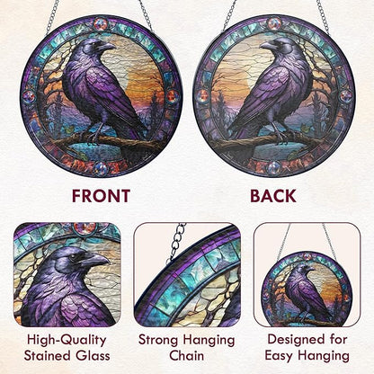 FLAGWIX Raven Stained Glass Window Hanging 8 in - Crow Gifts Decorations - Black Crow Sun Catchers Indoor Window for Gothic Home Decor, The Raven Gifts for Women Men Friends Family
