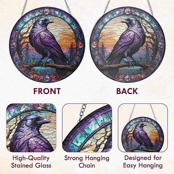 FLAGWIX Black Raven Decor - Crow Stained Glass Window Hanging 10 in - Black Crow Sun Catchers Indoor Window for Gothic Home Decor, The Raven Gifts for Women Friends Family
