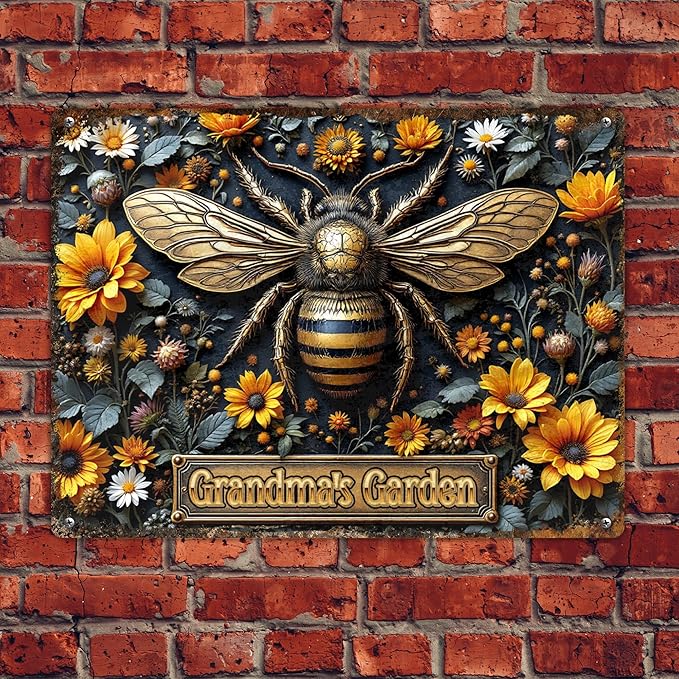 Custom Garden Signs Personalized Metal Tin Sign for Women, Bee Metal Sign for Outdoor, Patio, Yard Rustic Home Decor Gift for Mothers Day, Grandmas, and Gardening Lovers