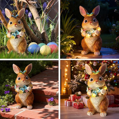 Solar Garden Statues Outdoor Bunny Decorations with Butterfly & Flowers for Mom, Grandma Spring Decor with 6 LED Night Accent Lights for Patio, Yard & Lawn, Christmas Day Figurine