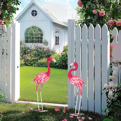 Set of 2 Pink Flamingo Outdoor Statues, Metal Yard Flamingo for Garden Patio Lawn Backyard Decorations