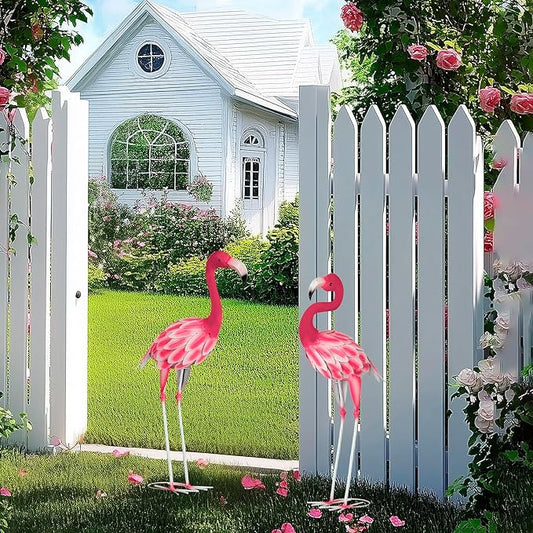 Set of 2 Pink Flamingo Outdoor Statues, Metal Yard Flamingo for Garden Patio Lawn Backyard Decorations