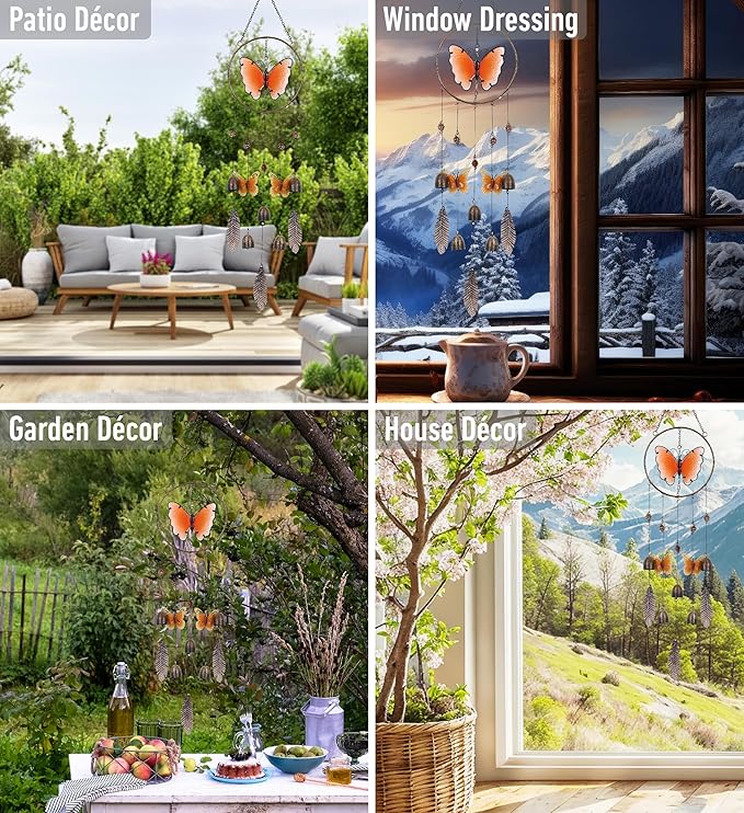 CoTa Global Orange Butterfly Hanging Metal Wind Spinner Wind Chime - Relaxing Harmonic Indoor or Outdoor Wind Spinner for Yard, Garden, Porch Patio, Beautiful Unique Art Ornament Mobile - 37 Inch