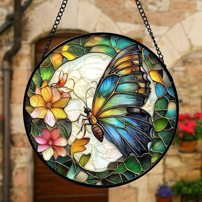 DASTOLL Stained Glass Window Hanging, Butterfly Flower Sun Catchers Diamond Glass Panel Hangings Insect Suncatcher Decor for Birthday for Women, Men, Wife, Aunt, and Mom 15x15 in