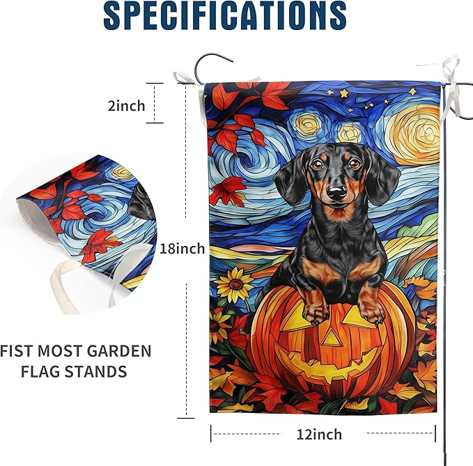 Stained Glass Dachshund Fall Garden Flag Halloween Pumpkin Yard Signs Autumn Sunflower Thanksgiving Banner for Outside 12x18 Double Sided Small Weiner Dog Outdoor Decorative