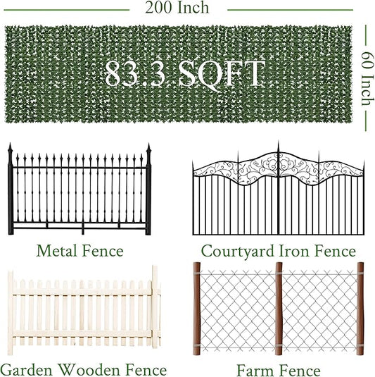 Artificial Ivy Privacy Fence Screen: 60"x 200" (84 Sqft) Anti-Ultraviolet Artificial Hedge Grass Wall, Used for Indoor and Outdoor Green Background, Garden Greening Decoration