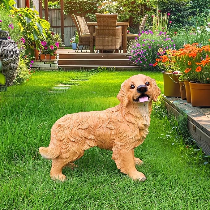 Golden Retriever Garden Statue with Solar Lantern & Double-Sided Welcome Sign, Lifelike Dog Figurine Outdoor Yard Decor, Puppy Sculpture Patio Lawn Ornament Pet Memorial Gift