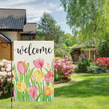 Heyfibro Welcome Spring Summer Garden Flag 12 x 18 Inch Vertical Double Sided Burlap, Tulip Flower Floral Garden Flags for Seasonal Holiday Farmhouse Yard Outdoor Decor(ONLY FLAG)