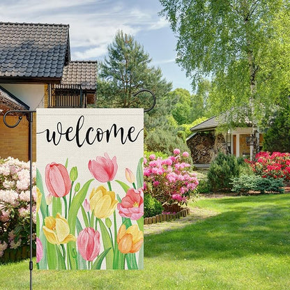 Heyfibro Welcome Spring Summer Garden Flag 12 x 18 Inch Vertical Double Sided Burlap, Tulip Flower Floral Garden Flags for Seasonal Holiday Farmhouse Yard Outdoor Decor(ONLY FLAG)
