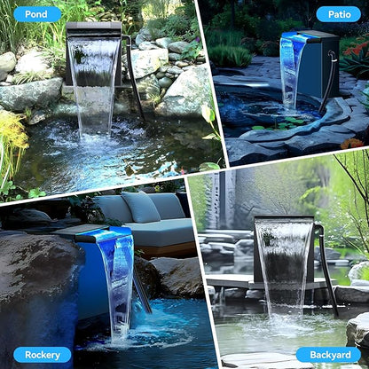 POPOSOAP Pond Waterfall Spillway Kit with LED Lights, 13.4" H x 12" W Stainless Steel Spillway with 660GPH Pond Pump, Filtration, 10FT Corrugated Tubing Waterfall for Water Garden, Backyard, Pool