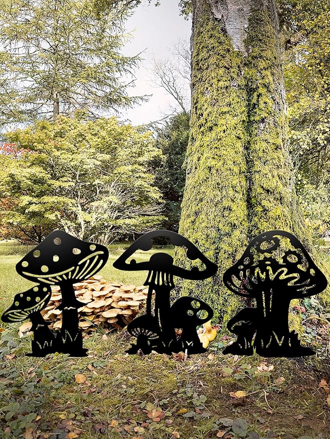 Resama Black Metal Mushroom Garden Stakes Set of 3, Black Yard Decor Art Decorative Garden Stakes, Outdoor Lawn Ornaments for Patio Flower Bed Porch Pathway Yard Decorations