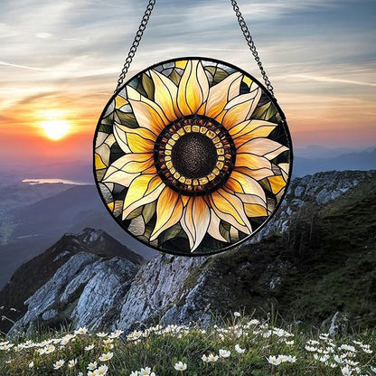 Stained Glass Window Hanging - Sunflower Suncatcher for Door Garden Patio Retro Flower Sun Catchers Decor Christmas Mother's Day Birthday Gifts for Women Mom Nana Friend Wife 15 in