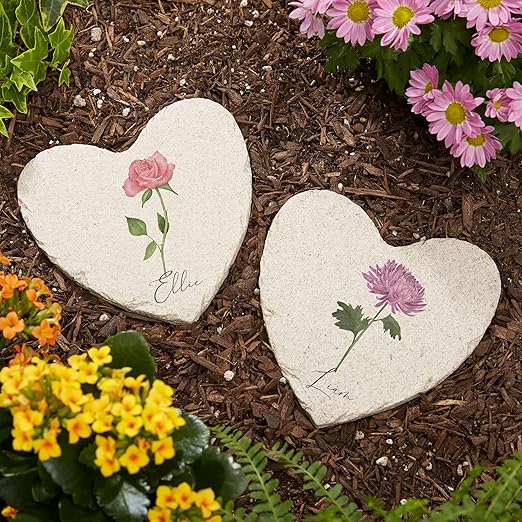 Personalization Universe Personalized Small Birth Month Flower Garden Stone, Name, and Date - Perfect Outdoor Decor for Garden or Walkway, Mother's Day, Grandma's Birthday, or Memorial – 5.75” x 5.75”