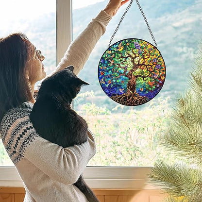 Tree of Life Stained Glass Window Hanging, Tree of Life Decor Suncatchers Sun Catchers Indoor Window Glass Wall Art Decorations, Nature Bird Flower Trees Wall Hanging Decor, 7.9x7.9in,Patio