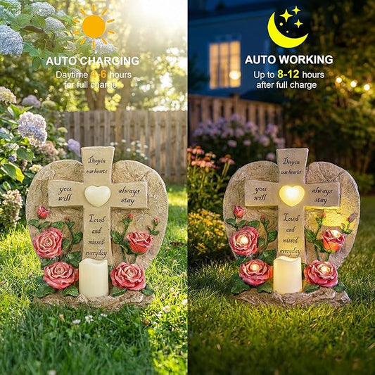 ZQQLITE Solar Lights for Cemetery Memorial Cross Statue with LED Lights & Roses Gift for Loss of Loved One, Garden Grave Markers Decor