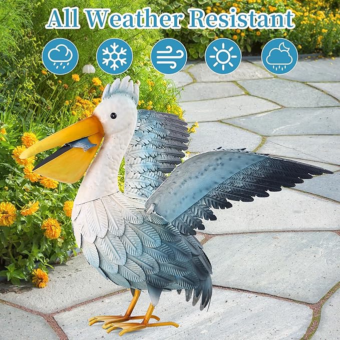 Ratuor Metal Pelican Garden Statue Outdoor Decor, Metal Yard Art Decoration Coastal Bird Garden Decor Lawn Ornament for Porch Patio