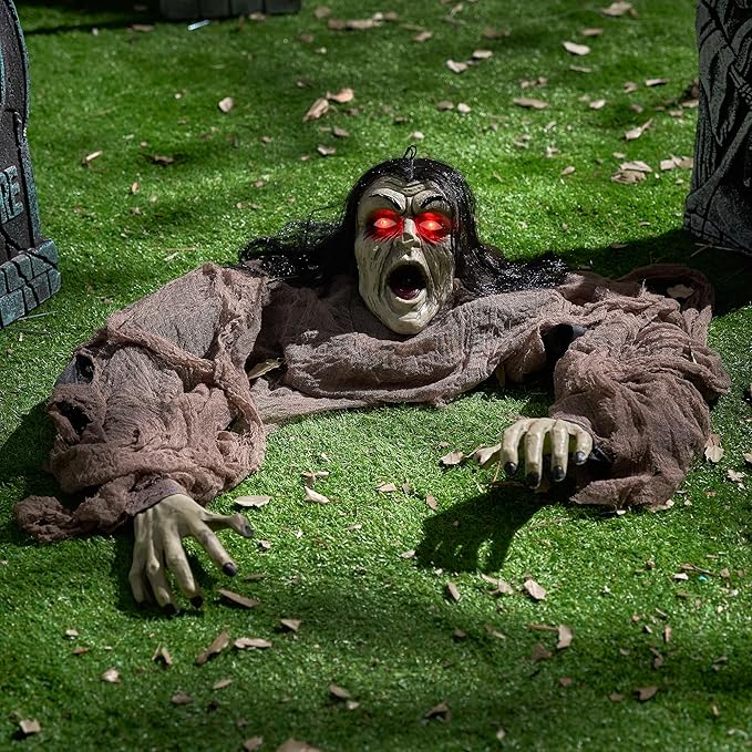 JOYIN Halloween Zombie Decorations Outdoor, Halloween Groundbreaker Outside Decor, Hanging Zombie Prop with Green Face and Lighted Eyes for Graveyard, Haunted House, Lawn, Yard, Indoor Decor
