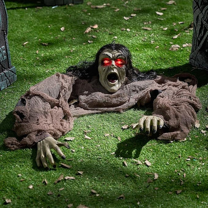 JOYIN Halloween Zombie Decorations Outdoor, Halloween Groundbreaker Outside Decor, Hanging Zombie Prop with Green Face and Lighted Eyes for Graveyard, Haunted House, Lawn, Yard, Indoor Decor
