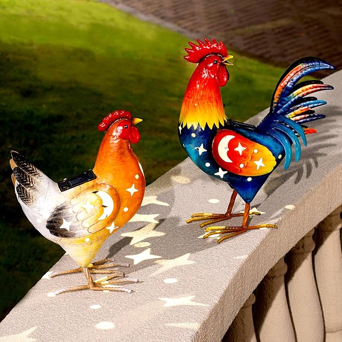 Natelf Solar Rooster and Hen Statue, Outdoor Metal Chicken Decor with Solar Lights, Hand-Painted Farmhouse Garden Art for Yard, Patio, Chicken Coop - Housewarming Gifts Set of 2