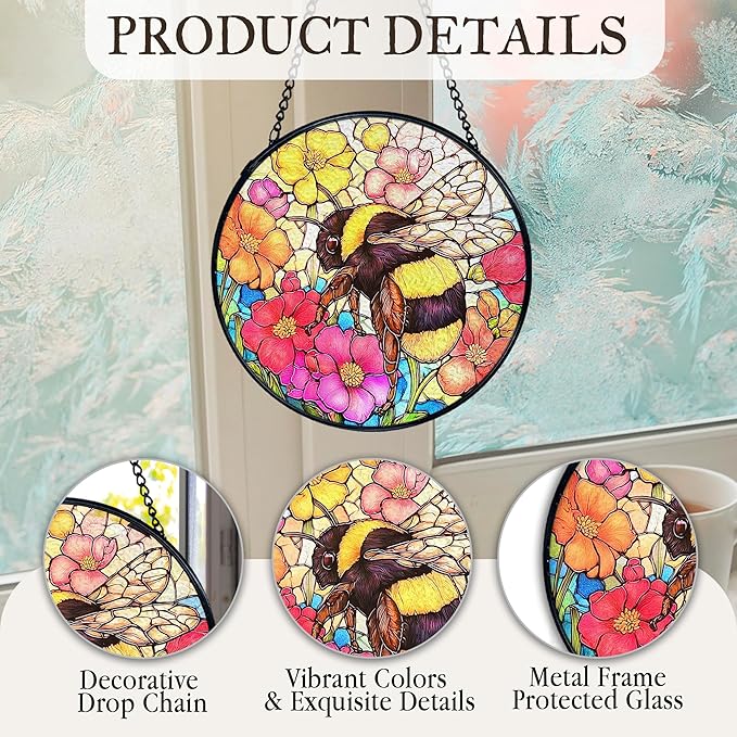 kdqua Bee Floral Suncatcher Stained Glass Window Hanging, Colorful Floral Bumblebee Sun Catchers Indoor Window Glass Round Wall Decor, Bee Wall Art Hanging Decorations Statues, 7.9x7.9in