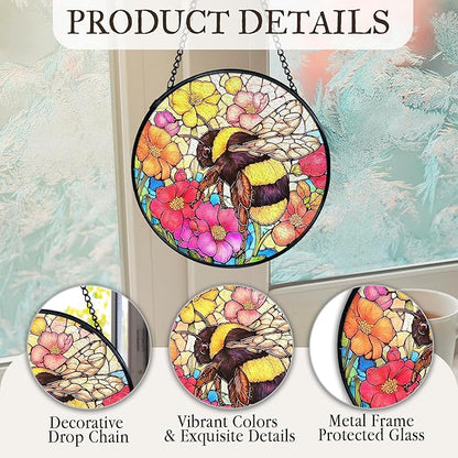 kdqua Bee Floral Suncatcher Stained Glass Window Hanging, Colorful Floral Bumblebee Sun Catchers Indoor Window Glass Round Wall Decor, Bee Wall Art Hanging Decorations Statues, 7.9x7.9in